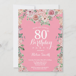 Convite de Aniversário de 80 anos com Peônias Rosa
