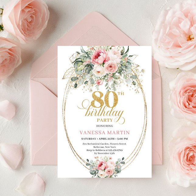 Convite de Aniversário de 80 anos com Rosas Cor-de (Stylish Bohemian Blush Roses 80th Birthday Invitation

)