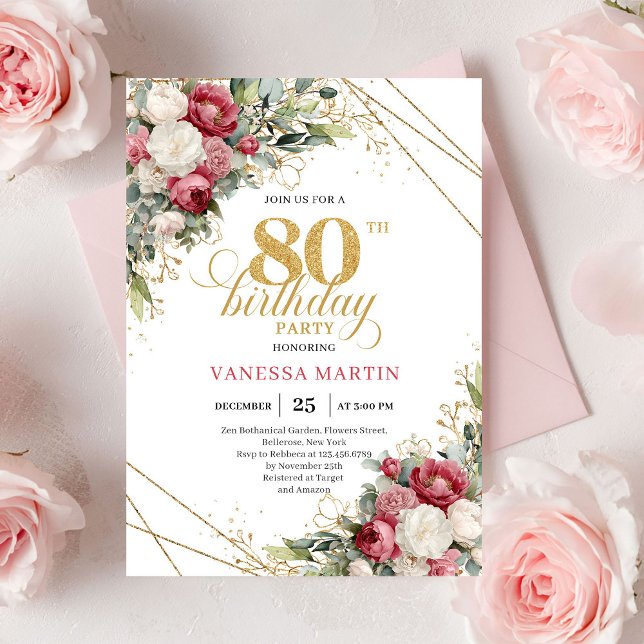 Convite de aniversário de 80 anos com rosas vermel (Burgundy red roses 80th birthday invite with greenery

)