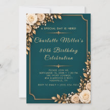 Convite de Aniversário de 80 Anos Deep Teal Ivory