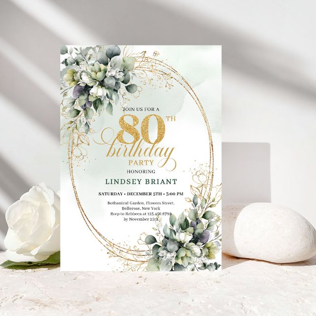 Convite de Aniversário de 80 Anos Elegante Boho Ro (Elegant Boho White Roses 80th Birthday Invitation)