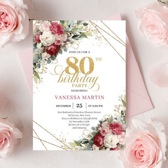 Convite de Aniversário de 80 Anos Elegante Floral  (Elegant Red Blush Floral 80th Birthday Invite)