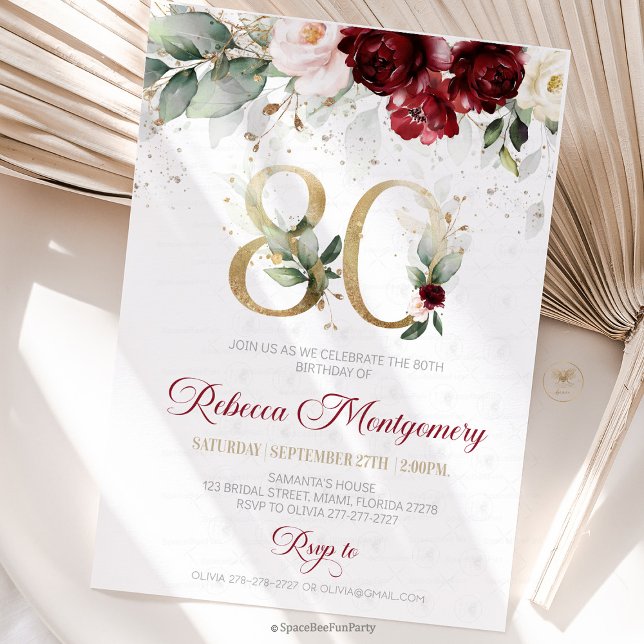 Convite de aniversário de 80 anos Elegante Marco (80th birthday invitation, editable sage green invitation, elegant floral design,  year old brunch, 8)