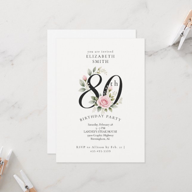Convite de Aniversário de 80 Anos Elegante Rosa Pi (Frente/Verso In Situ)