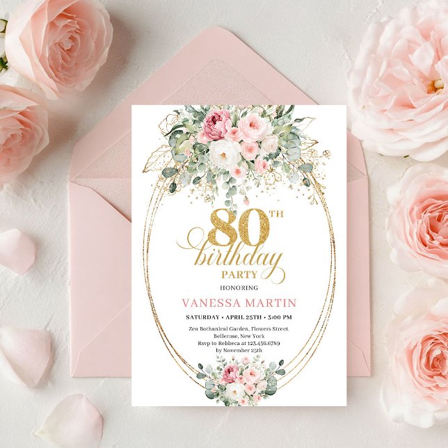 Convite de Aniversário de 80 anos Elegantes Rosas  (Elegant Boho Blush Roses Greenery Gold 80th Birthday)