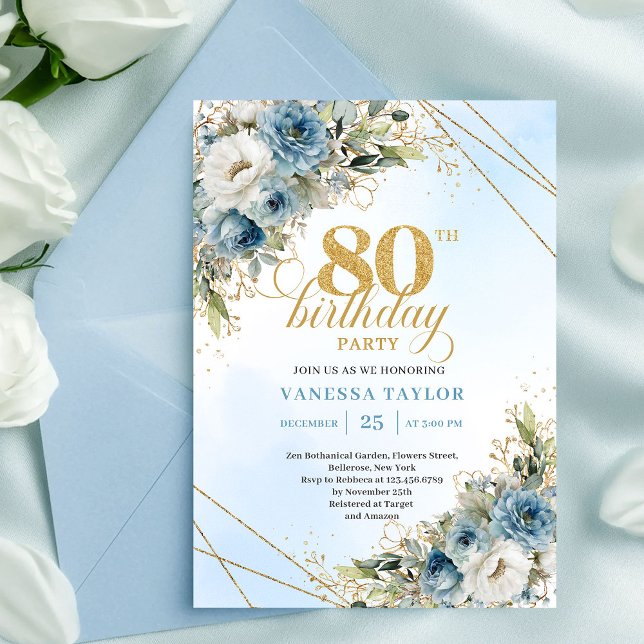 Convite de Aniversário de 80 anos em Azul Poeirent (Classic Dusty Blue Floral Gold 80th Birthday Invite Set

)