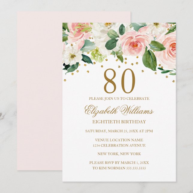 Convite de Aniversário de 80 anos em Floral com Aq (Frente/Verso)