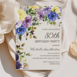Convite de Aniversário de 80 Anos Floral Aguarela 