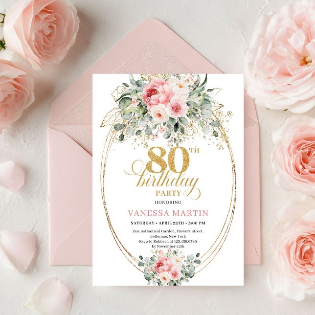 Convite de Aniversário de 80 anos Floral Blush Min (Modern Minimal Blush Floral 80th Birthday Invite Set

)