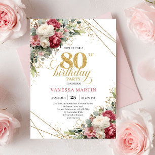 Convite de Aniversário de 80 Anos Floral Burgundy