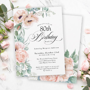 Convite de Aniversário de 80 Anos Floral em Aquare