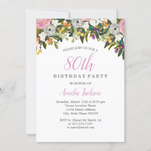 Convite de Aniversário de 80 anos Floral Rosa Mode