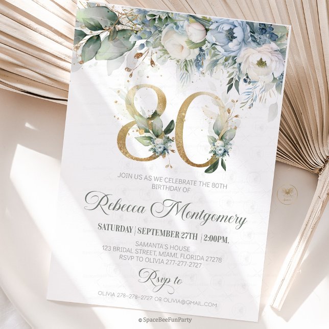 Convite de aniversário de 80 anos marco elegante (80th birthday invitation, editable sage green invitation, elegant floral design,  year old brunch, 8)
