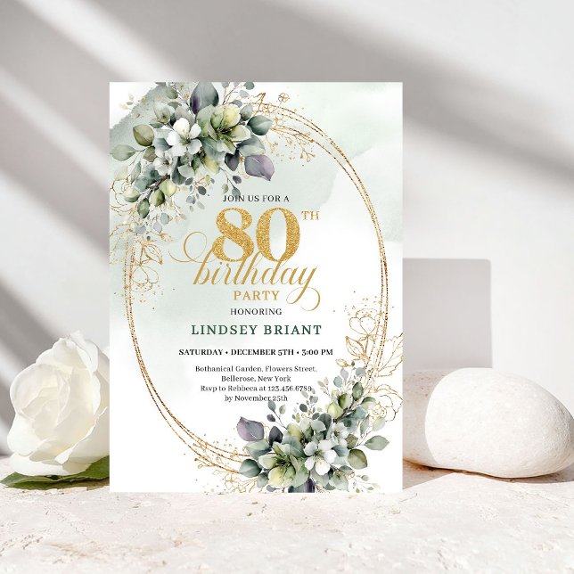 Convite de Aniversário de 80 Anos Modern Greenery  (Modern Greenery Gold 80th Birthday Invitation)