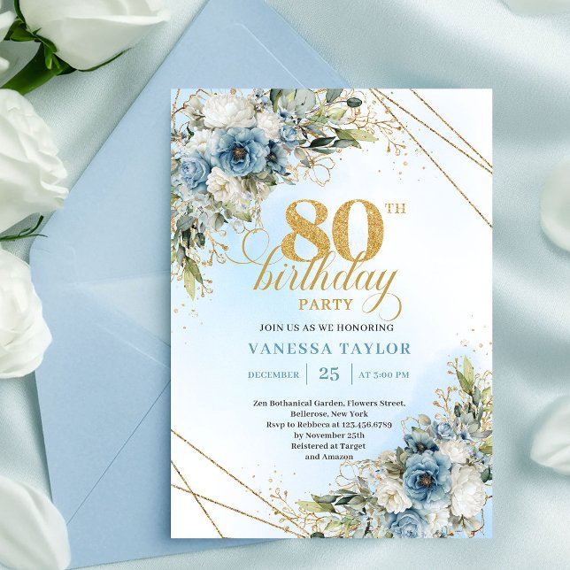 Convite de Aniversário de 80 anos Moderno Boho Flo (Modern 80th Birthday Invite Boho Dusty Blue Florals)