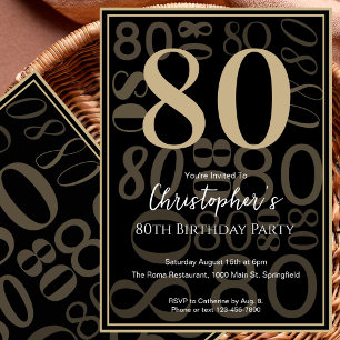 Convite de Aniversário de 80 anos Moderno Preto e