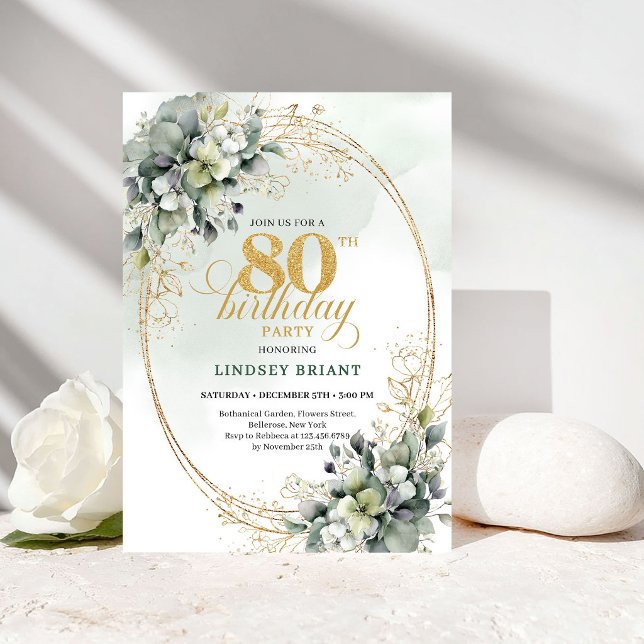 Convite de Aniversário de 80 anos Romântico com Fo (Romantic Greenery Gold 80th Birthday Invitation)