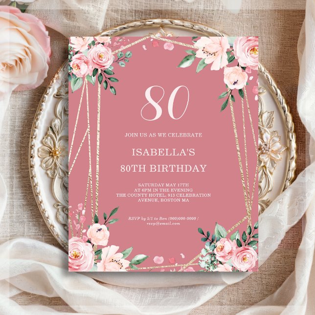 Convite de Aniversário de 80 Anos Rosa Floral Orça (Criador carregado)