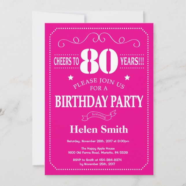 Convite de Aniversário de 80 Anos Rosa Quente e Br (Frente)