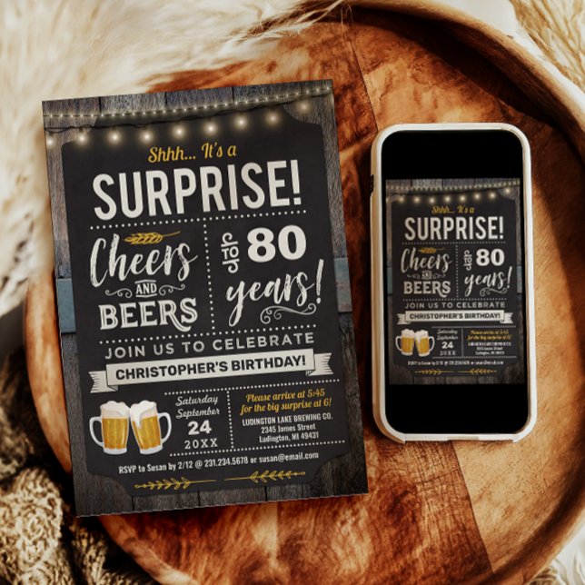 Convite de Aniversário de 80 anos Surpresa de Apla (Surprise Cheers and Beers 80th Birthday Invitation)