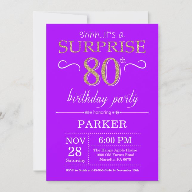 Convite de Aniversário de 80 anos Surpresa Roxo e  (Frente)