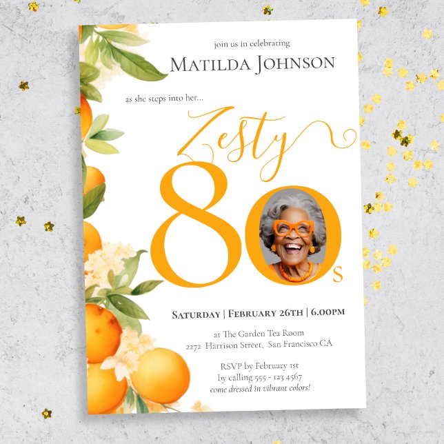 Convite de aniversário de 80 de Foto Zesty Orange (Mockup View)