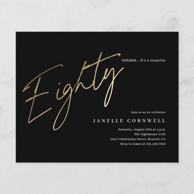 Convite de aniversário de 80 de  preto e Dourado p (Frente)