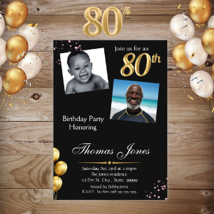Convite de aniversário de 80 Dourado preto