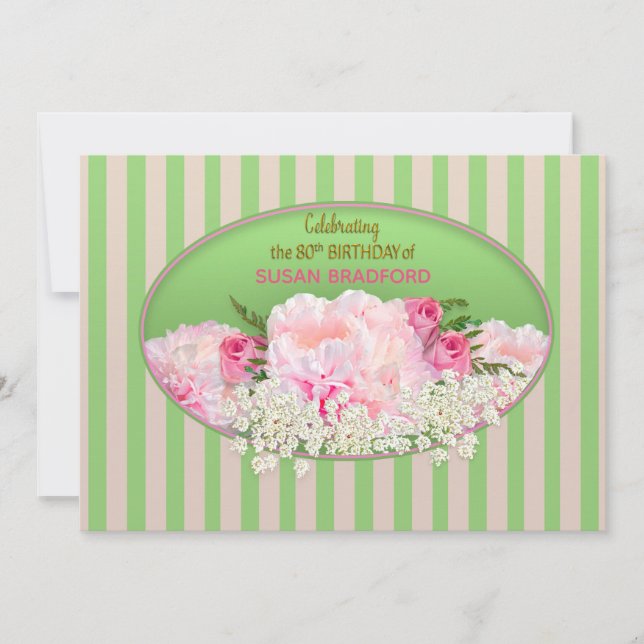 Convite de aniversário de 80, Feminina com Flores (Frente)