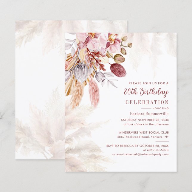 Convite de aniversário de 80 Pampas Grass Boho (Frente/Verso)