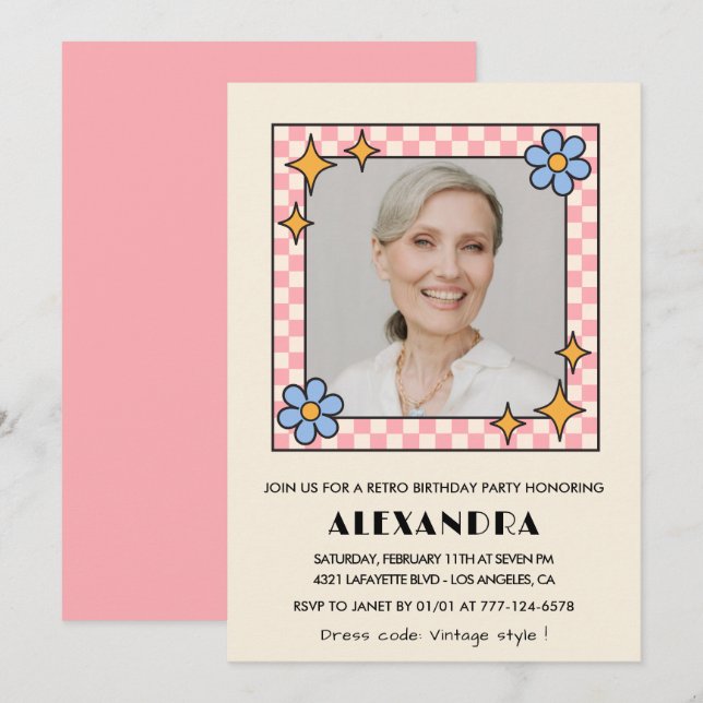 Convite de aniversário de 81 anos com foto floral  (Frente/Verso)