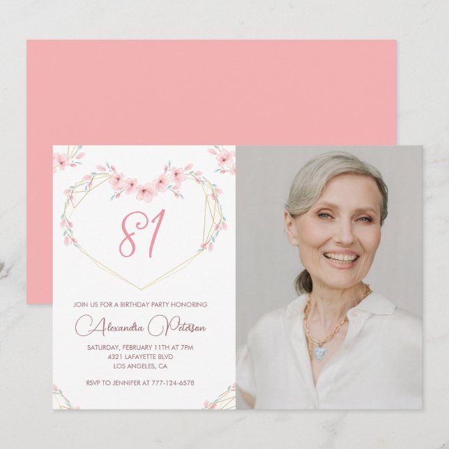 Convite de aniversário de 81 anos com foto floral  (Frente/Verso)