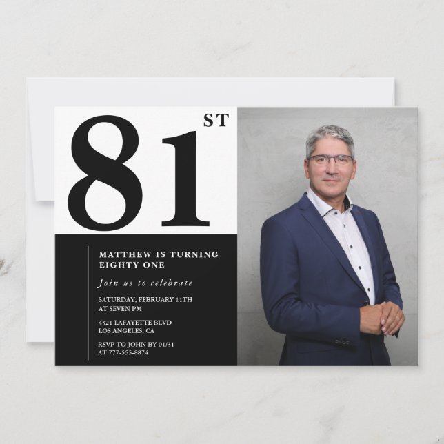 Convite de Aniversário de 81 anos Preto e Branco c (Frente)