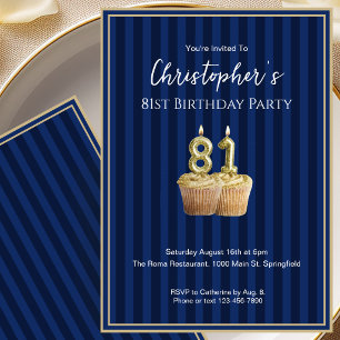 Convite de Aniversário de 81 Anos Único Azul Doura