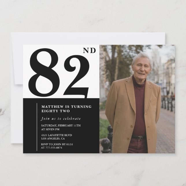 Convite de Aniversário de 82 Anos Preto e Branco c (Frente)