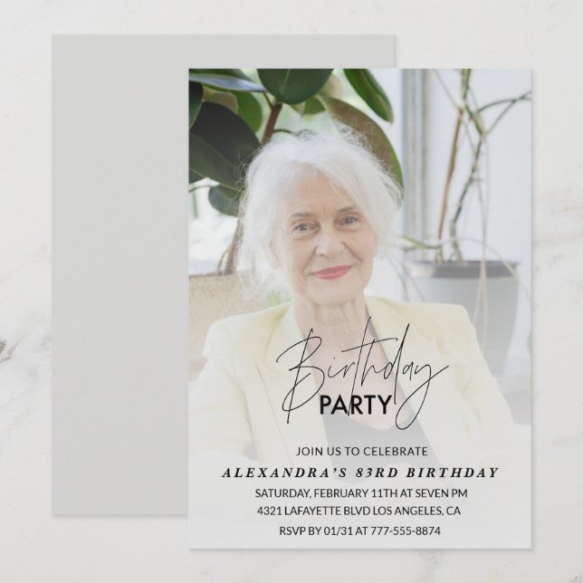 Convite de aniversário de 83 anos foto cinza (Frente/Verso)