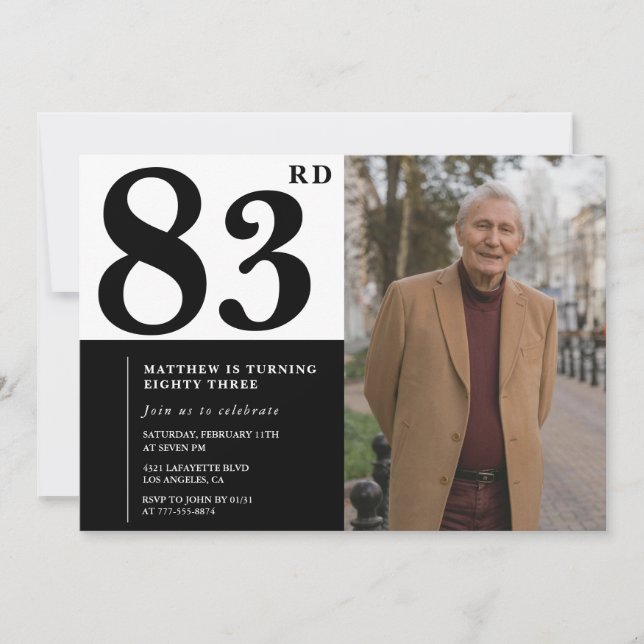 Convite de Aniversário de 83 anos Preto e Branco c (Frente)