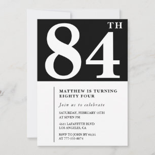 Convite de aniversário de 84 anos preto e branco e