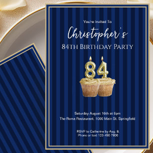 Convite de Aniversário de 84 anos Único Azul Doura
