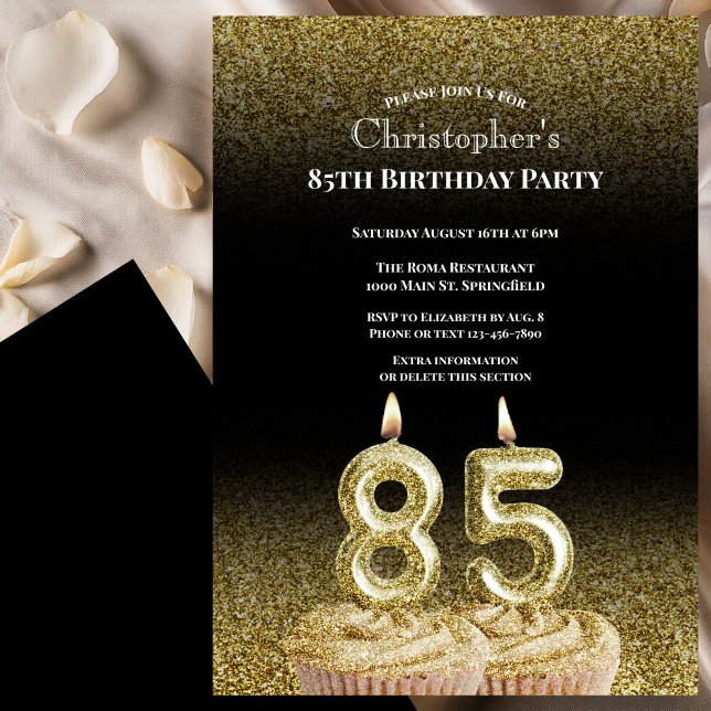 Convite de Aniversário de 85 anos Preto e Dourado  (Criador carregado)