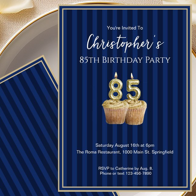 Convite de Aniversário de 85 Anos Único Azul Doura (Criador carregado)