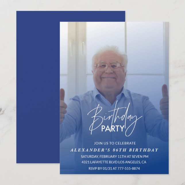Convite de aniversário de 86 anos Blue Photo (Frente/Verso)