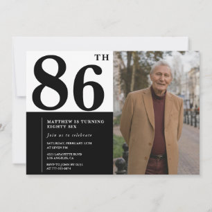 Convite de Aniversário de 86 anos Preto e Branco c