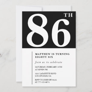 Convite de aniversário de 86 anos preto e branco e