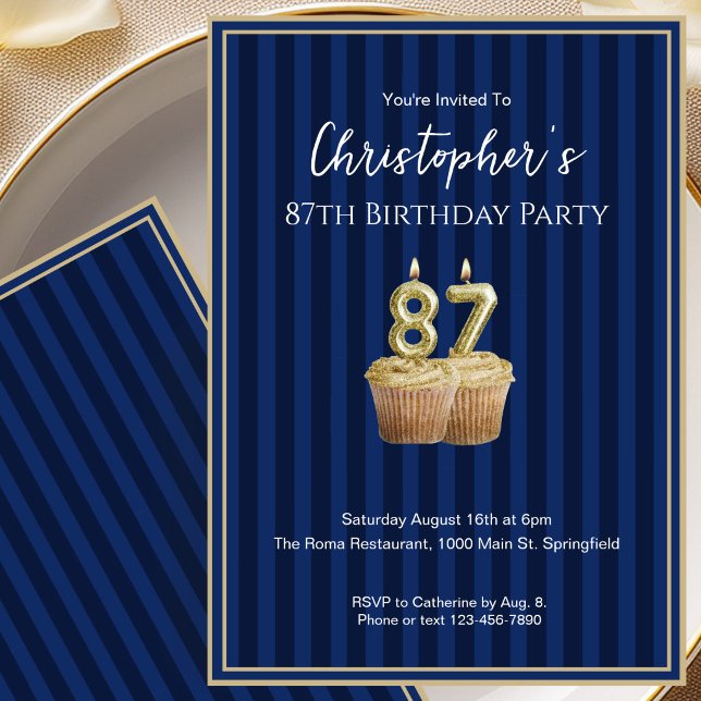 Convite de Aniversário de 87 anos Único Azul Doura (Criador carregado)
