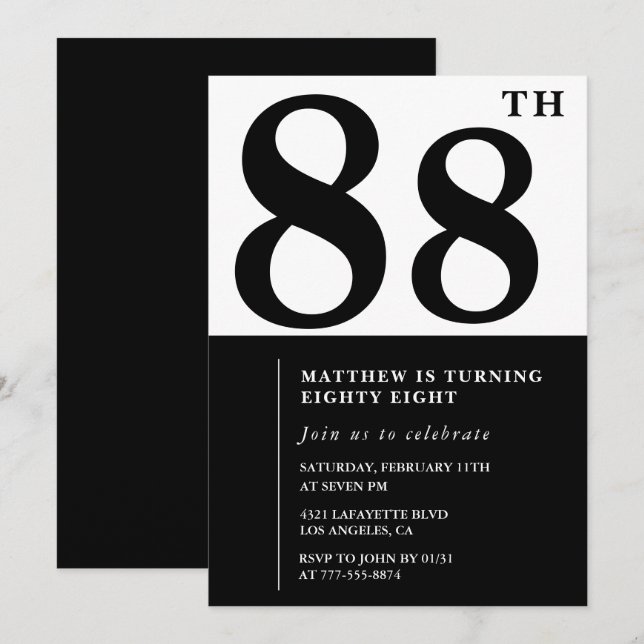 Convite de aniversário de 88 anos Chic Preto e Bra (Frente/Verso)