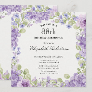 Convite de Aniversário de 88 Anos Floral Roxo Eleg