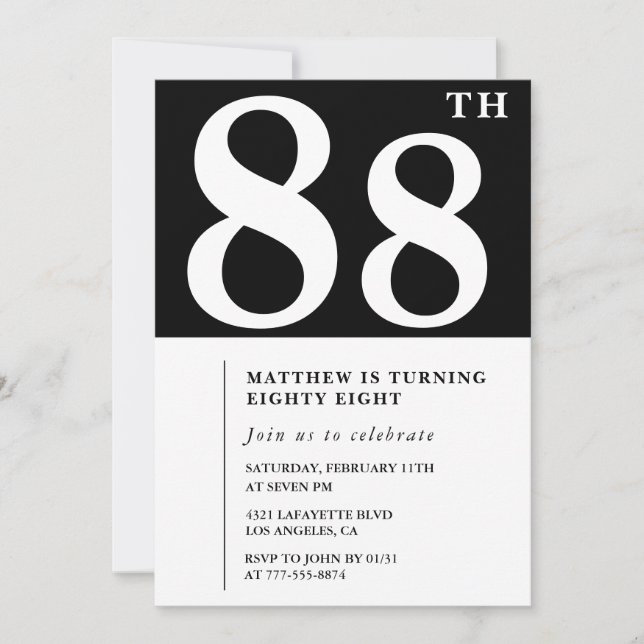Convite de aniversário de 88 anos preto e branco e (Frente)