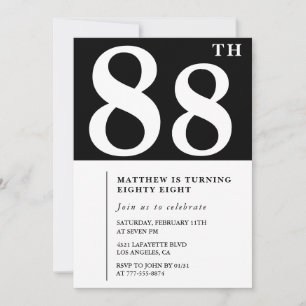 Convite de aniversário de 88 anos preto e branco e