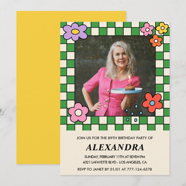 Convite de aniversário de 89 anos com foto Floral  (Frente/Verso)